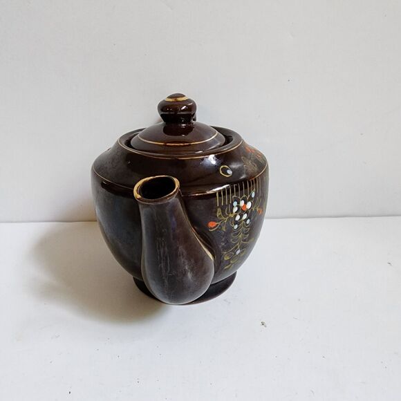 Moriage Redware Brown Betty Teapot w/Lid Hand Painted Gold Trim Japan Vintage - Picture 4 of 9